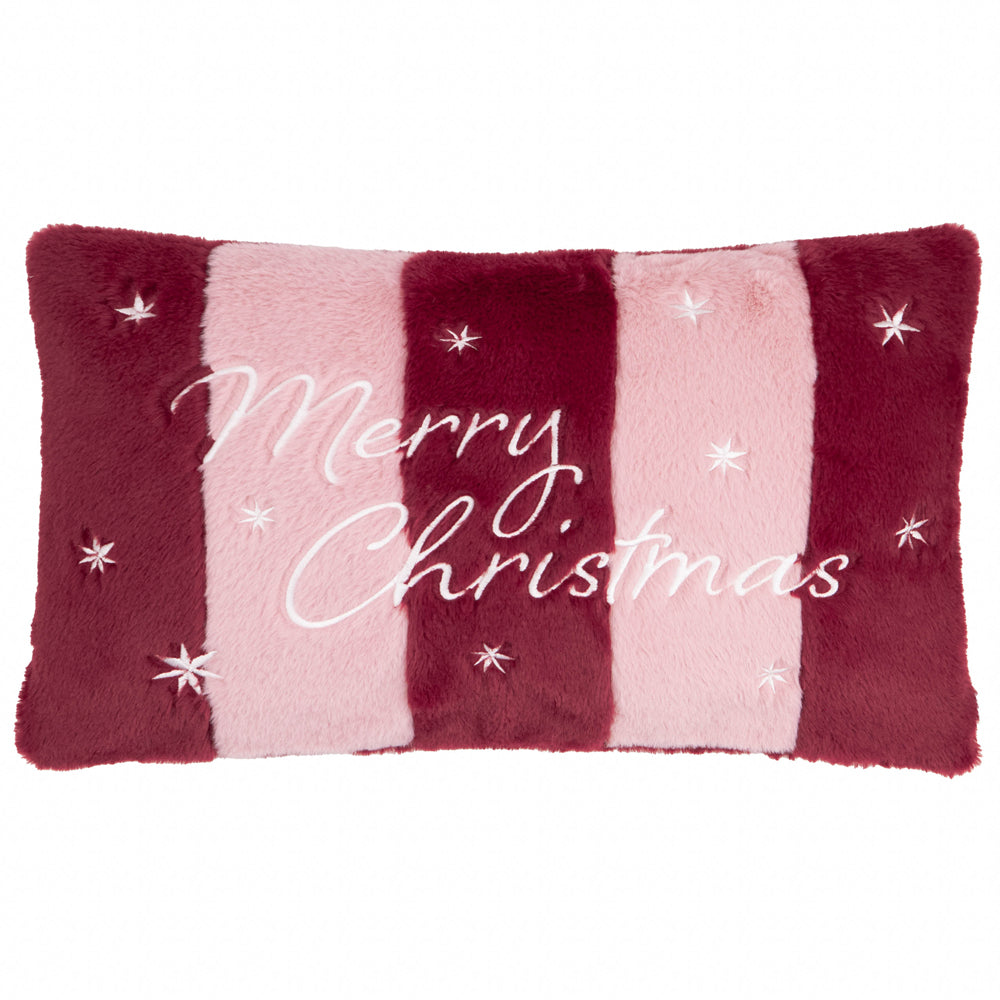 Merry Christmas Faux Fur Stripe Cushion Burgundy/Pink