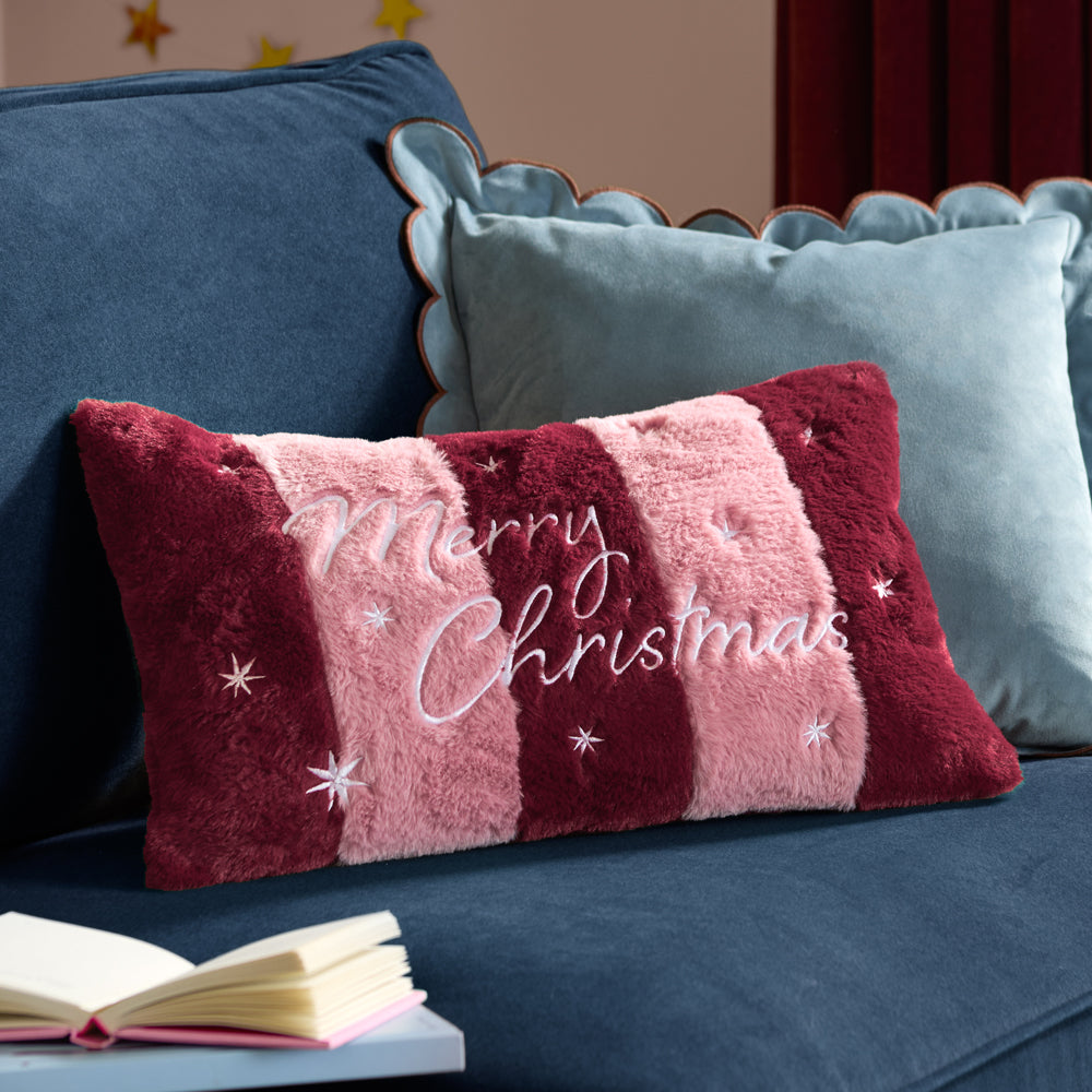 Striped Red Cushions - Merry Christmas Faux Fur Stripe Cushion Cover Burgundy/Pink Furn