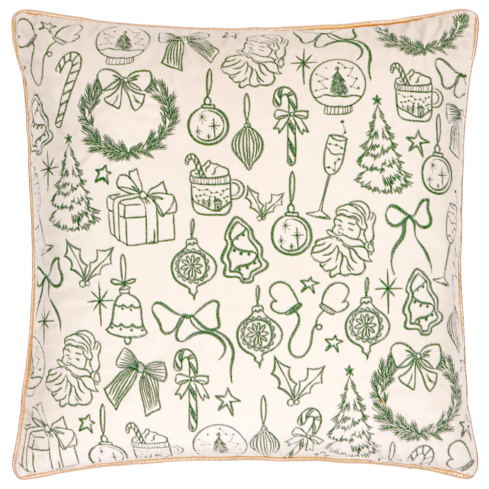 Merry Christmas Velvet Cushion Ecru/Dark Green