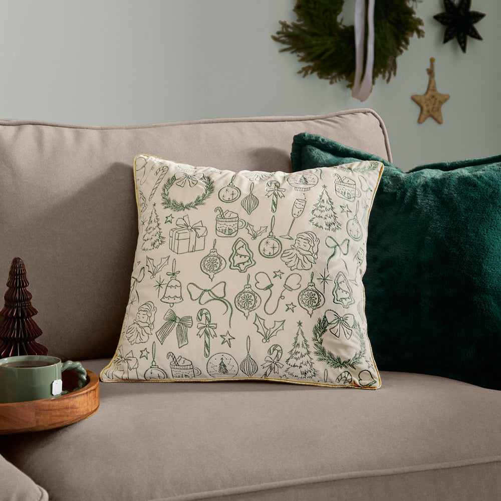  Beige Cushions - Merry Christmas Velvet Cushions Ecru/Dark Green Furn
