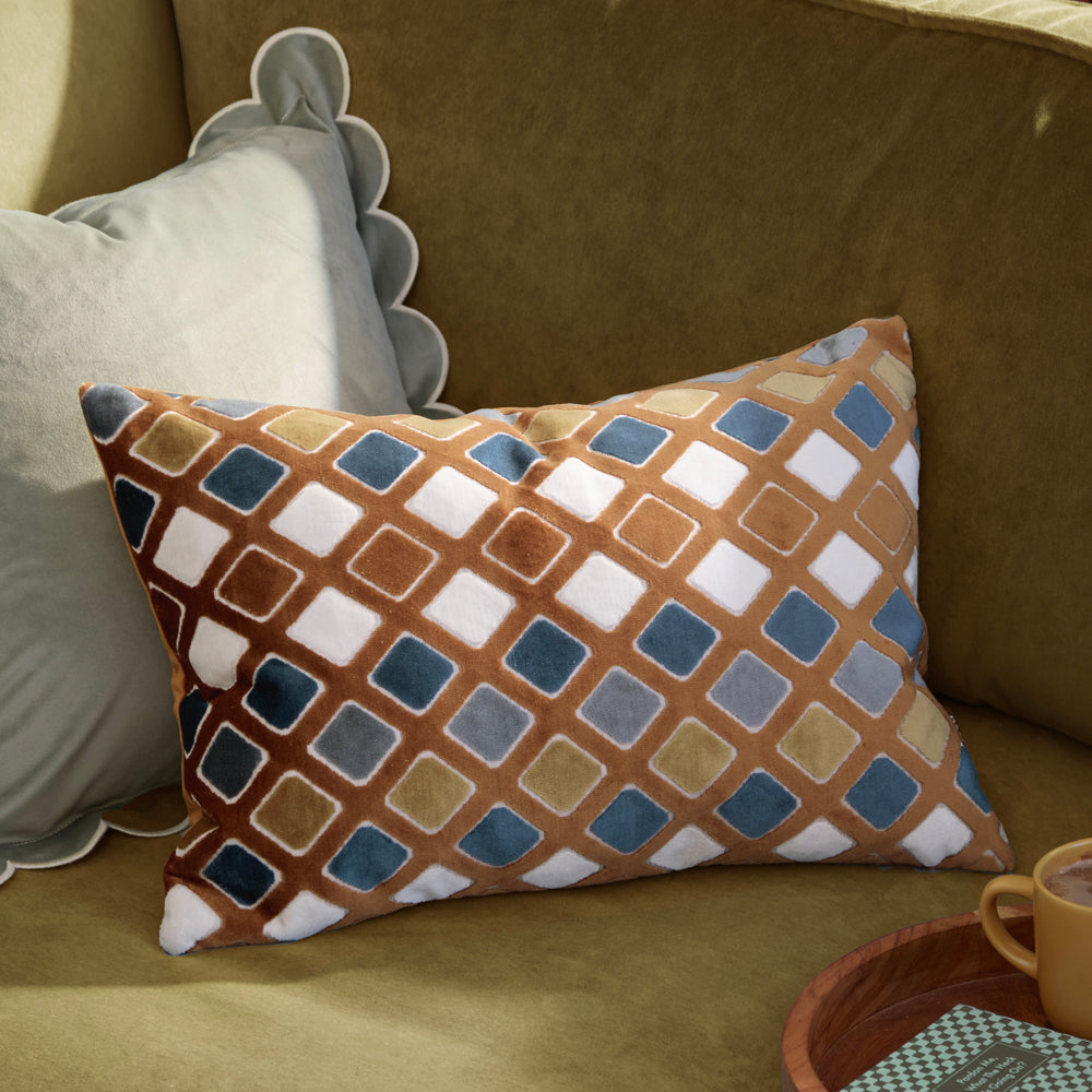 Geometric Orange Cushions - Metro Diamond Velvet Cushion Cover Ginger Furn