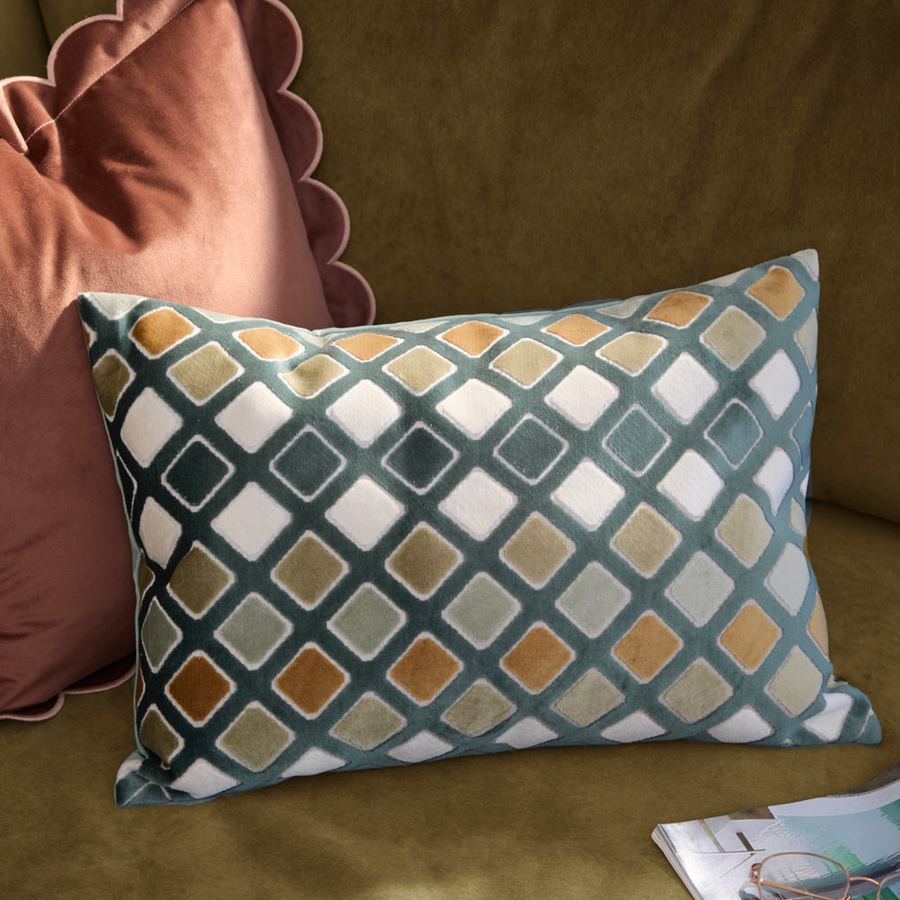 Geometric Green Cushions - Metro Diamond Velvet Cushion Cover Green Furn