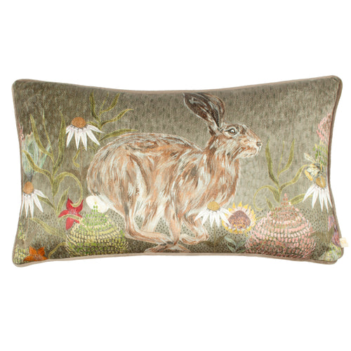 Animal Green Cushions - Meadow Bloom Hazel Hare Printed Chenille Cushion Cover Sage Wylder