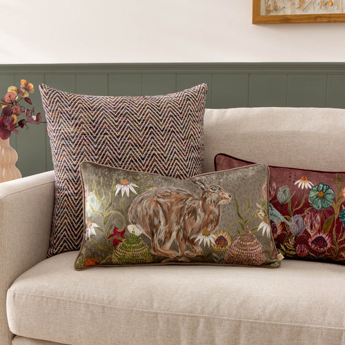 Animal Green Cushions - Meadow Bloom Hazel Hare Printed Chenille Cushion Cover Sage Wylder