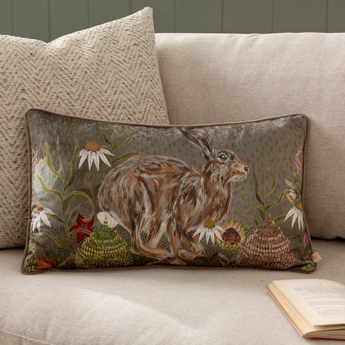 Animal Green Cushions - Meadow Bloom Hazel Hare Printed Chenille Cushion Cover Sage Wylder