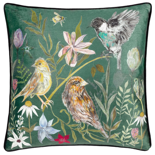 Animal Blue Cushions - Meadow Bloom Birds Printed Chenille Cushion Cover Teal Wylder