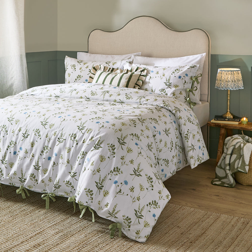 Floral White Bedding - Meadow 100% Cotton Floral Duvet Cover Set White/Cornflower Wylder