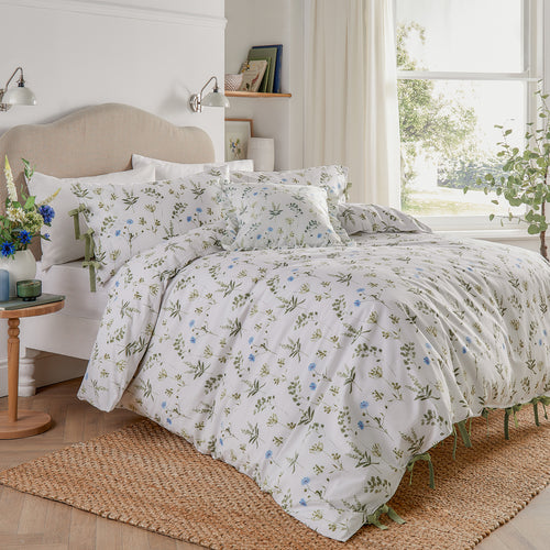 Floral White Bedding - Meadow 100% Cotton Floral Duvet Cover Set White/Cornflower Wylder