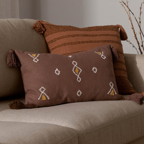 Geometric Brown Cushions - Meare Embroidered Cotton Cushion Cover Cocoa Yard