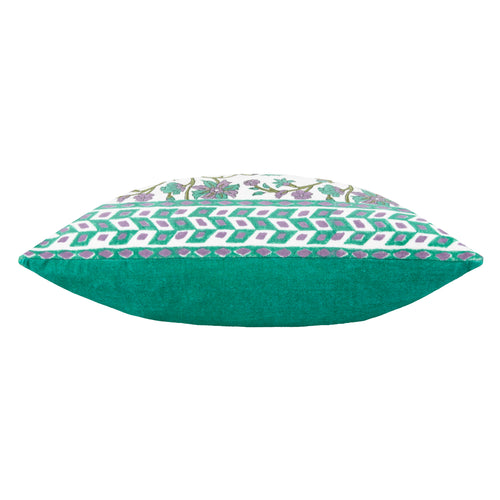 Floral Green Cushions - Mentera Cotton Velvet Cushion Cover Oasis Green/Lilac Paoletti