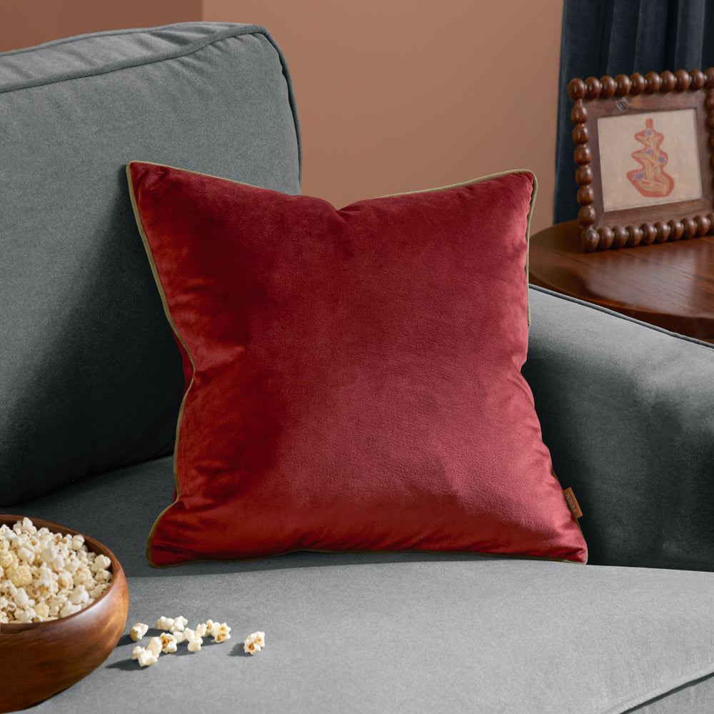 Plain Red Cushions - Meridian Velvet Cushion Cover Dark Red/Fir Green Furn