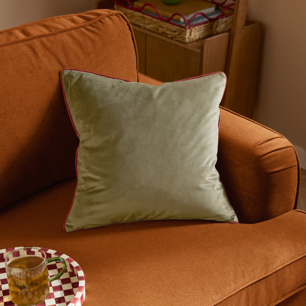 Plain Green Cushions - Meridian Velvet Cushion Cover Fir Green/Dark Red Furn