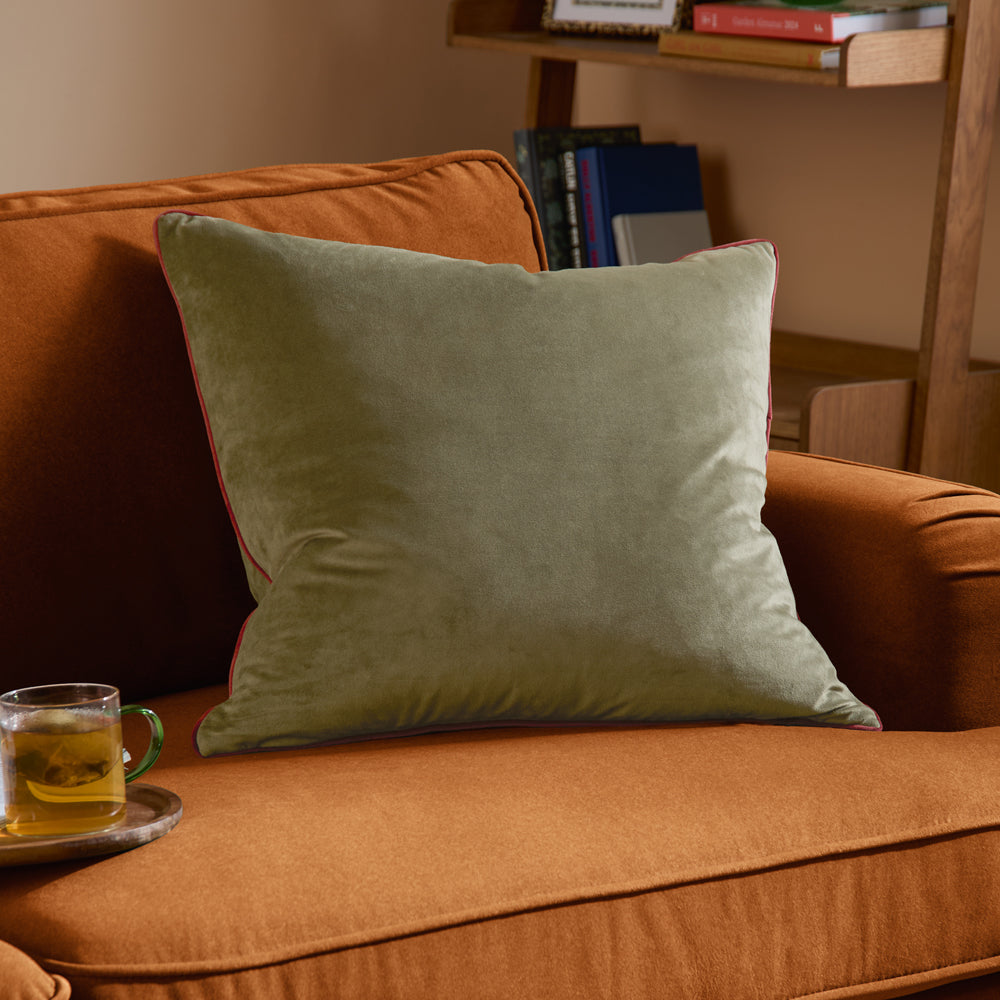 Meridian Velvet Cushion Fir Green/Dark Red