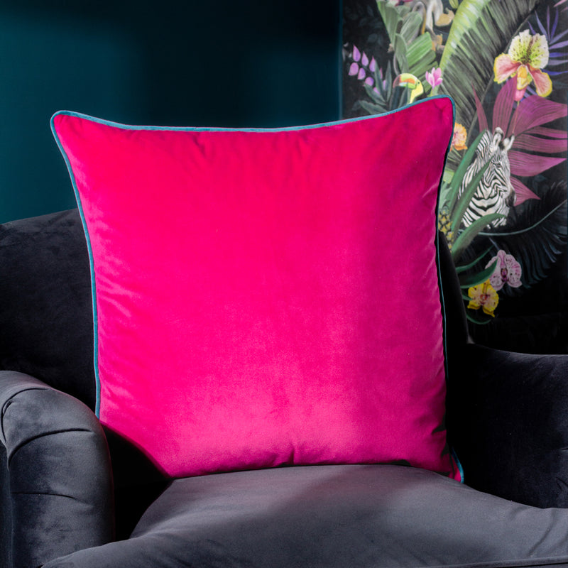 Plain Pink Cushions - Meridian Velvet Cushion Cover Raspberry/Teal Paoletti
