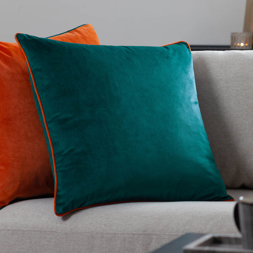 Plain Blue Cushions - Meridian Velvet Cushion Cover Teal/Clementine Paoletti