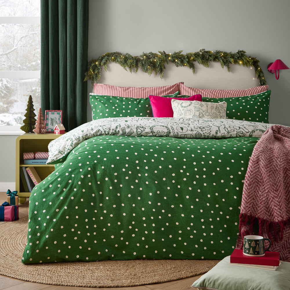 Merry Christmas Reversible Brushed Cotton Duvet Cover Set Oat/Green