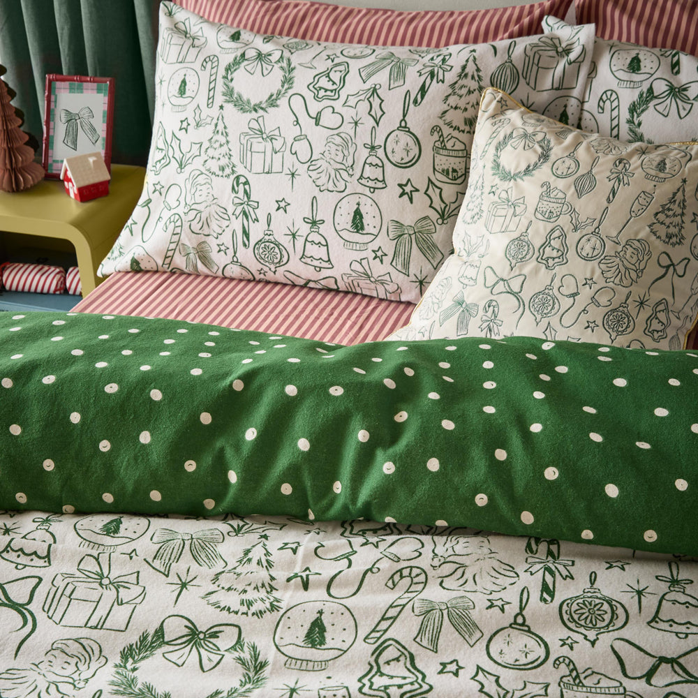 Merry Christmas Reversible Brushed Cotton Duvet Cover Set Oat/Green