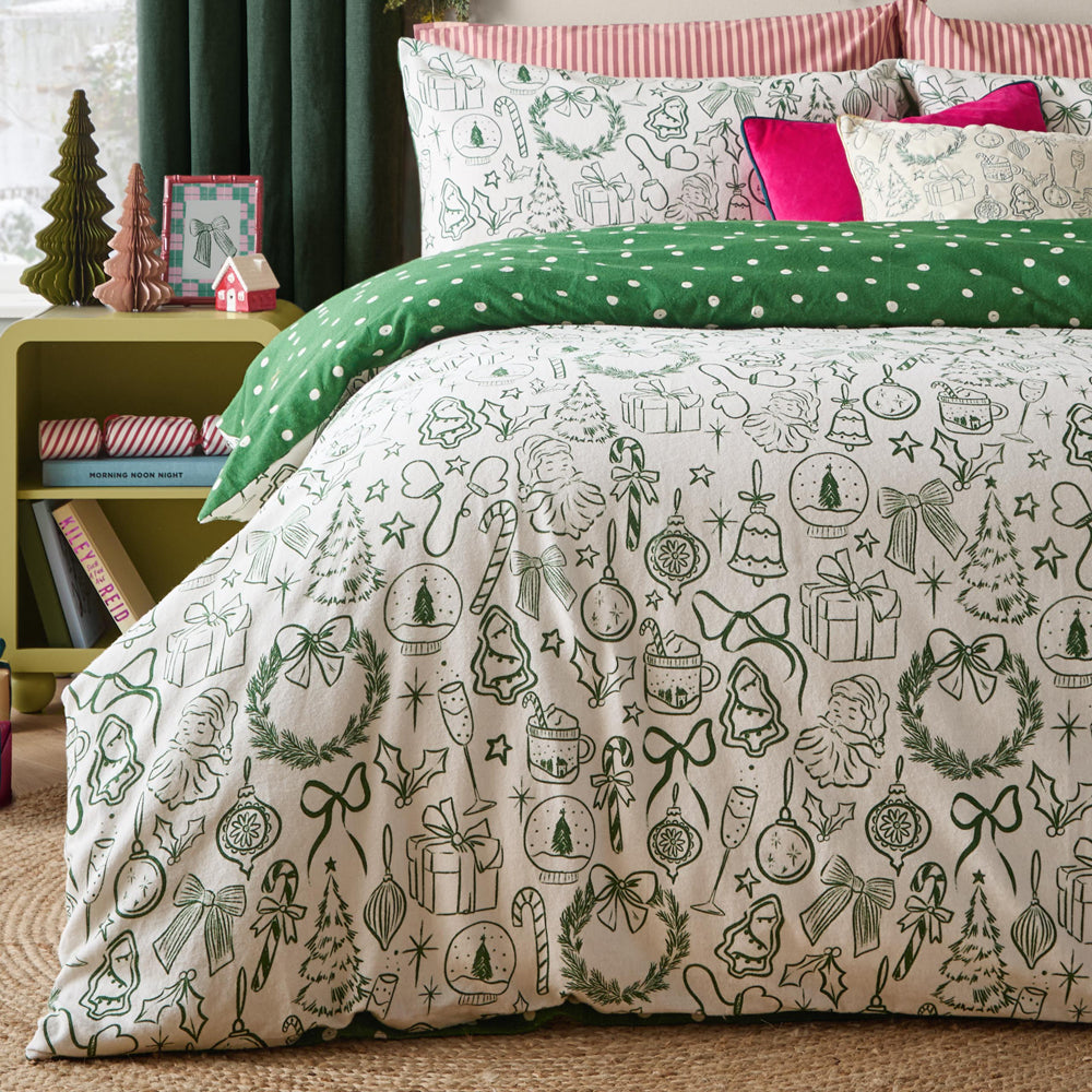 Merry Christmas Reversible Brushed Cotton Duvet Cover Set Oat/Green