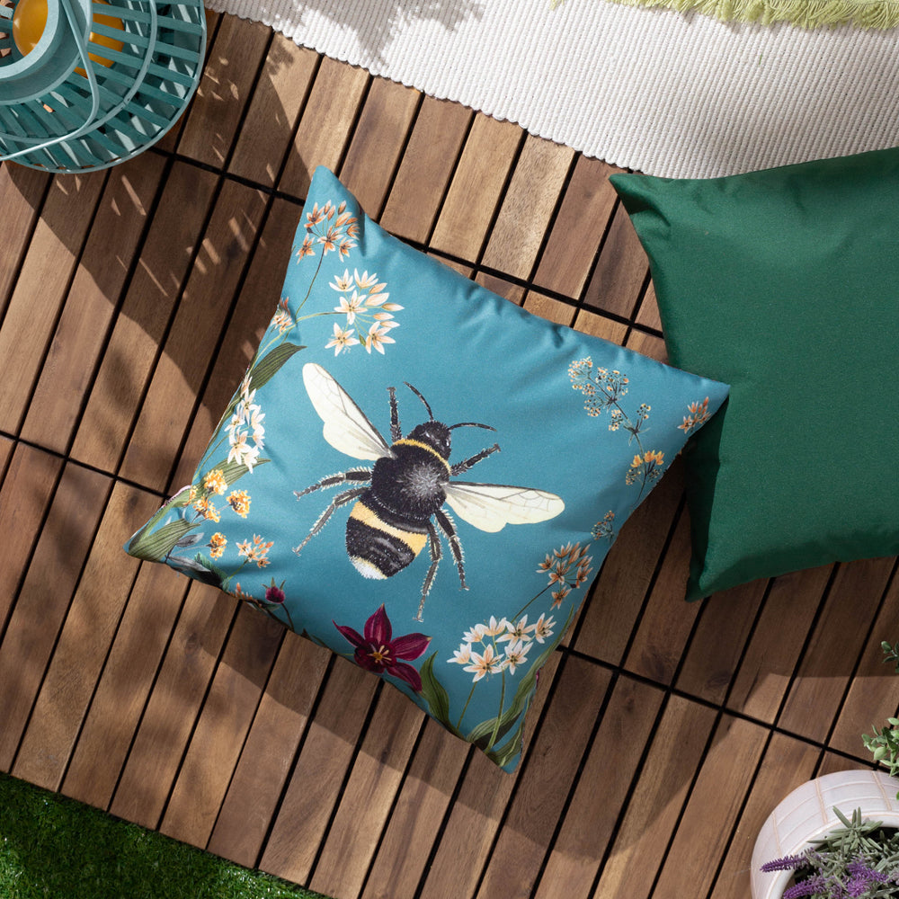 Midnight Garden Blue Bee Outdoor Cushion Cover Teal Cushions Wylder furn