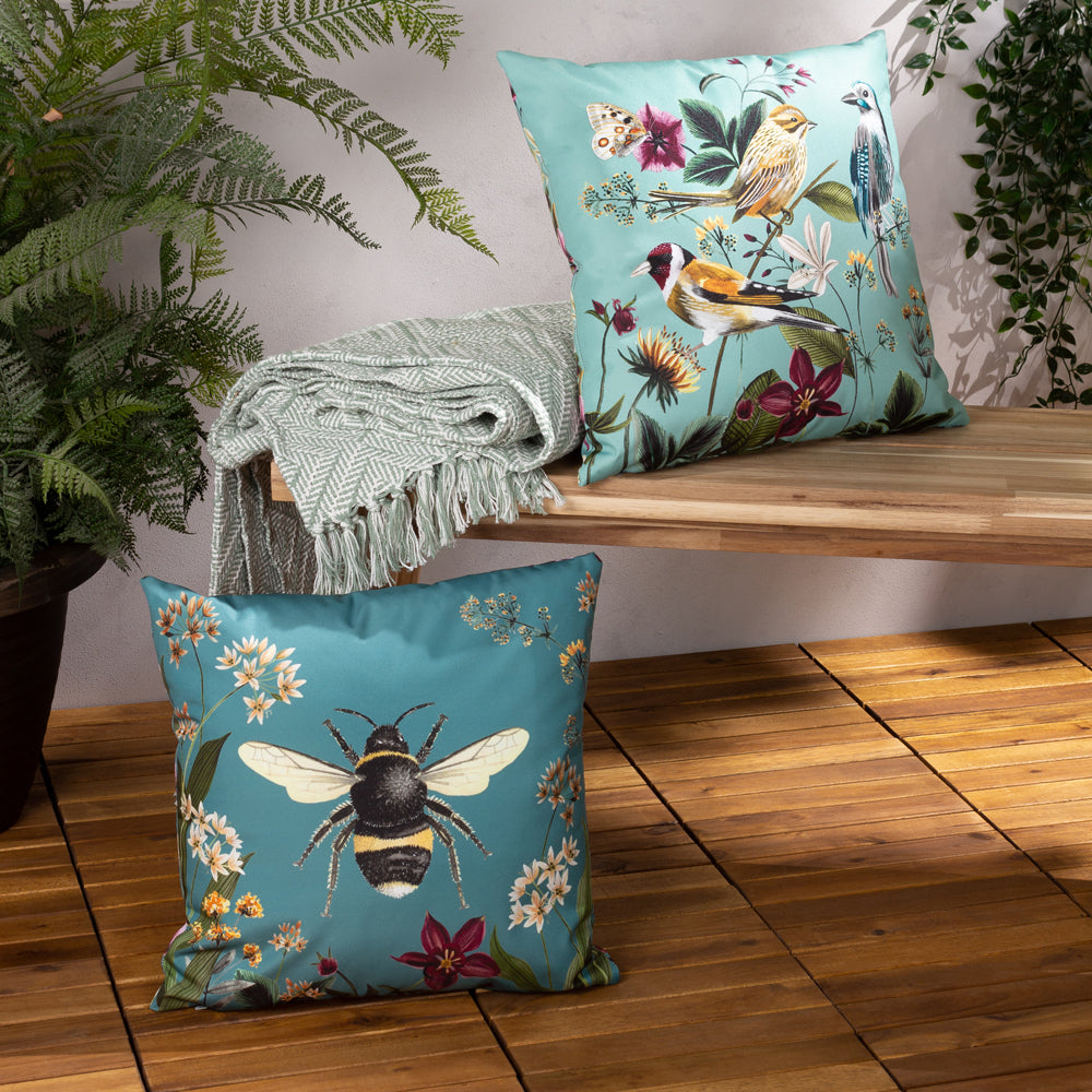 Midnight Garden Blue Birds Outdoor Cushion Cover Aqua Cushions Wylder furn