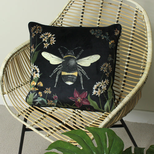 Animal Black Cushions - Midnight Garden Bee Cushion Cover Black Evans Lichfield