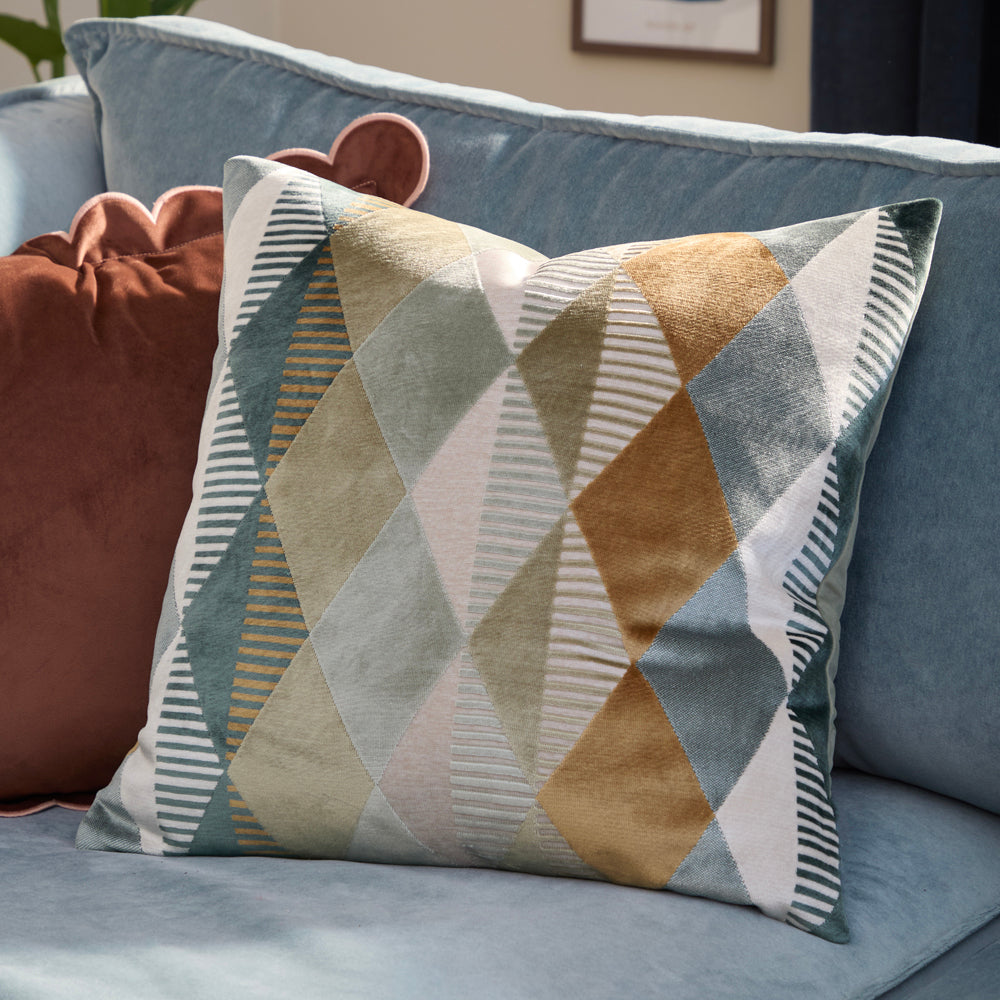 Geometric Green Cushions - Metro Harlequin Velvet Cushion Cover Green Furn