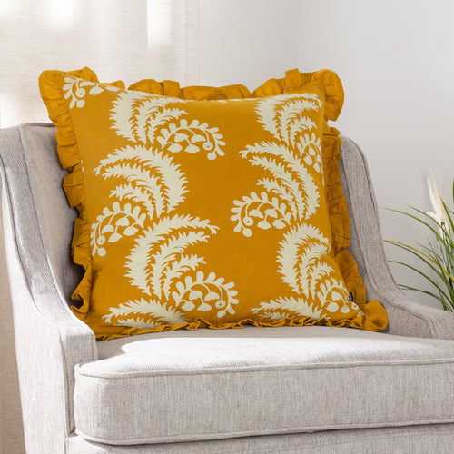 Paoletti Montrose Floral Pleat Fringe Cushion Cover in Ochre