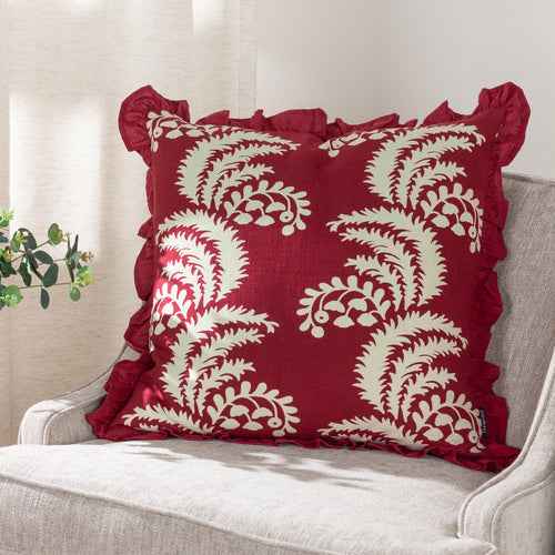 Paoletti Montrose Floral Pleat Fringe Cushion Cover in Redcurrent