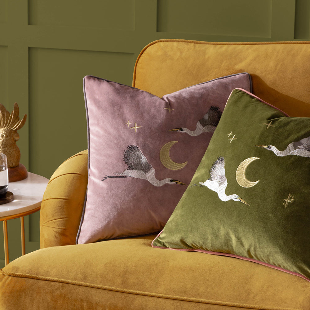 Moonlit Flight Embroidered Velvet Cushion Dusty Pink