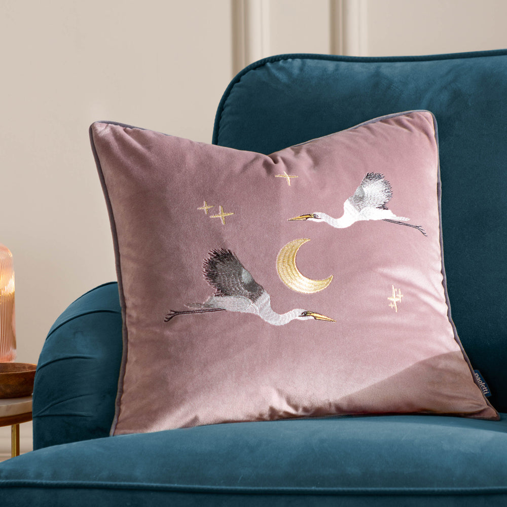 Moonlit Flight Pink Embroidered Velvet Cushion Cover Dusty Pink