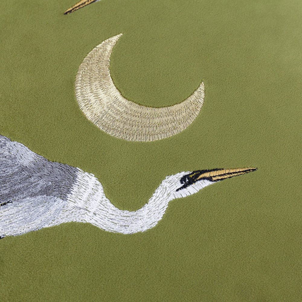 Moonlit Flight Embroidered Velvet Cushion Olive