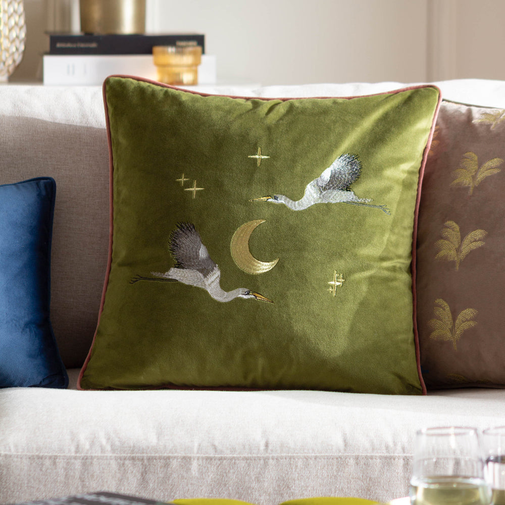 Moonlit Flight Green Embroidered Velvet Cushion Cover Olive