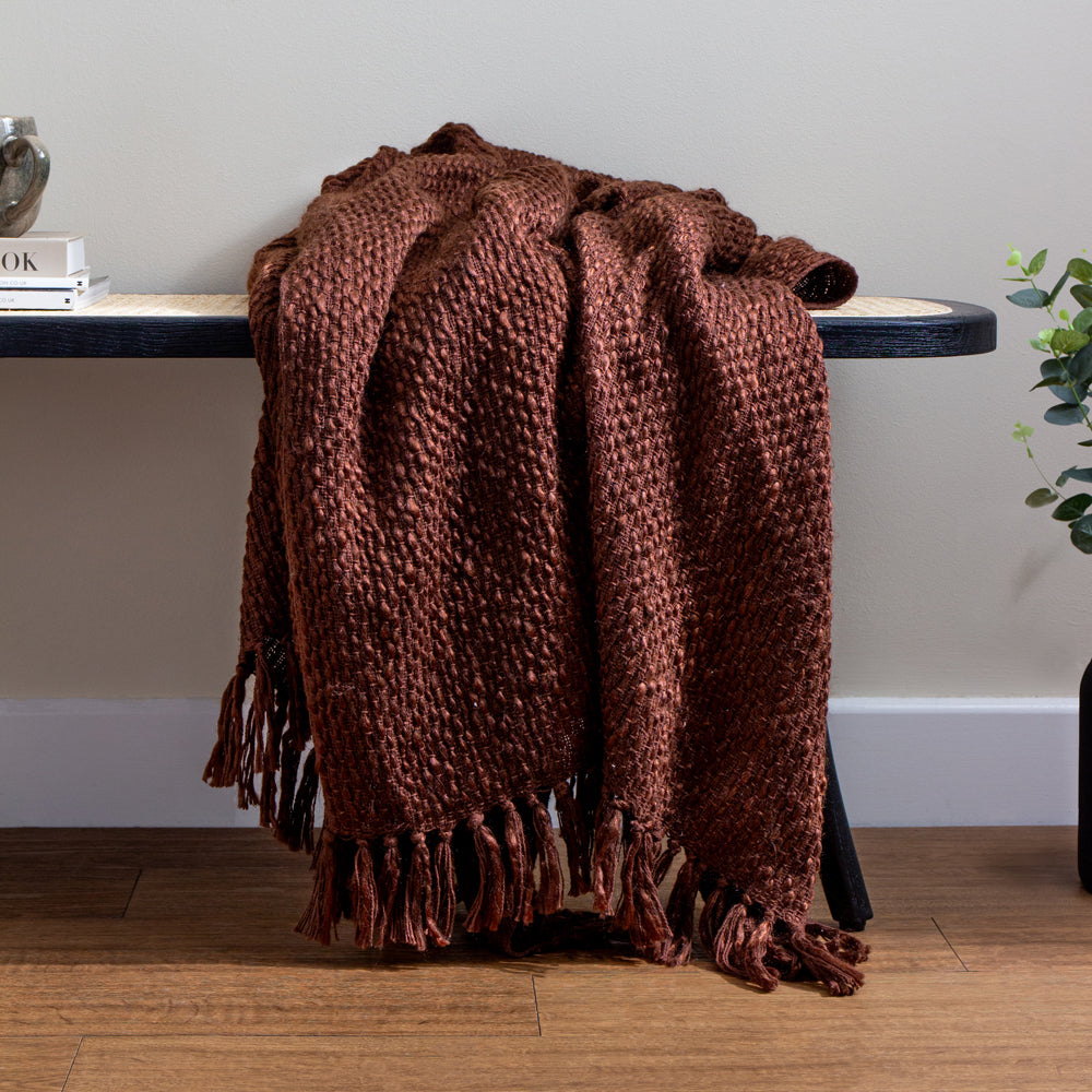 Plain Brown Throws - Morni Woven Fringed Throw Chestnut HÖEM
