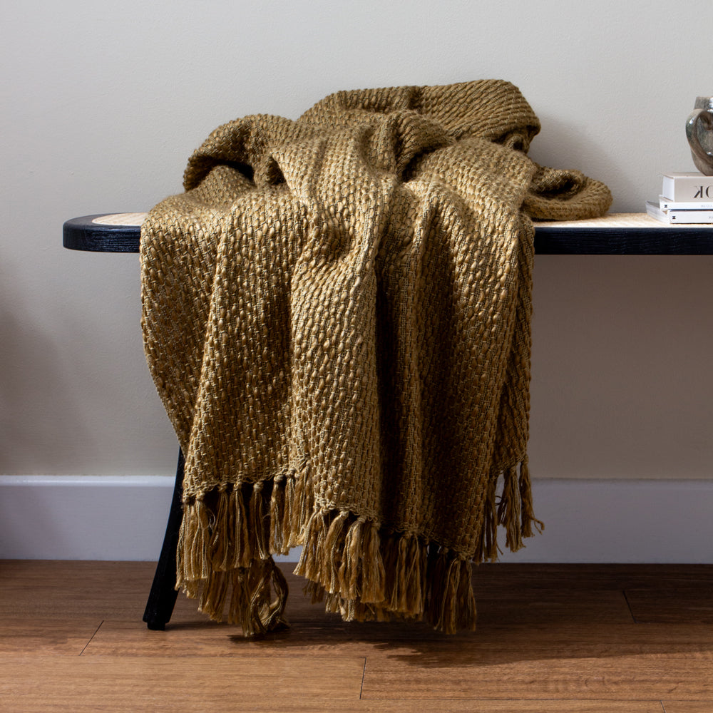 Plain Green Throws - Morni Woven Fringed Throw Olive HÖEM