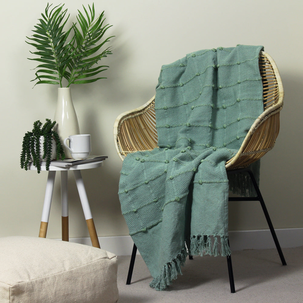 Striped Green Throws - Motti Woven Tufted Stripe Throw Seafoam furn.