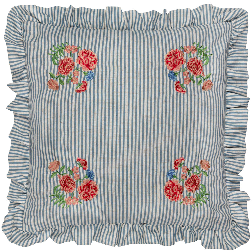 Martha Embroidered Ruffle Cushion Blue