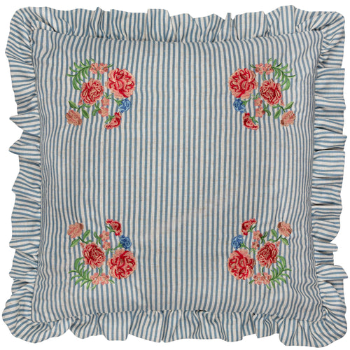 Floral Blue Cushions - Martha Embroidered Ruffle Cushion Cover Blue Wylder