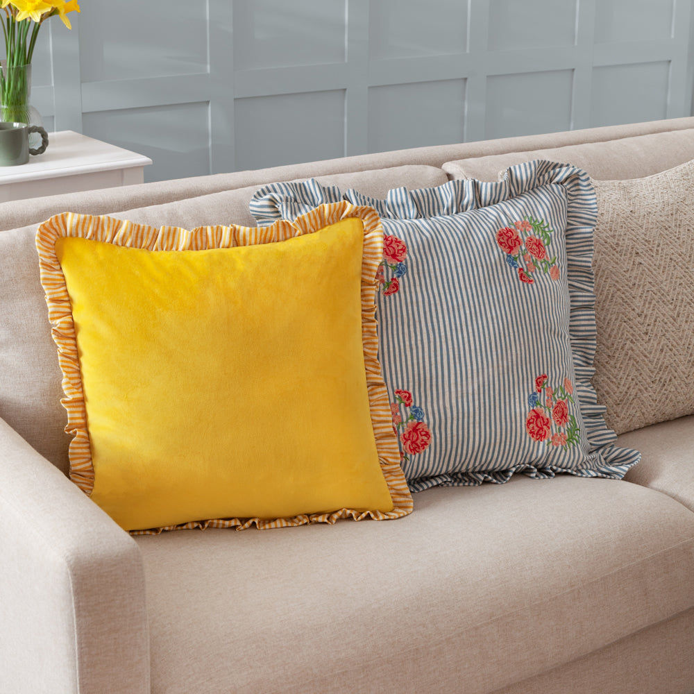 Martha Embroidered Ruffle Cushion Blue