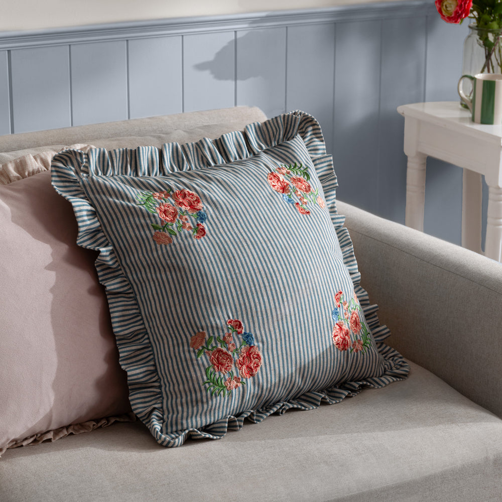 Martha Blue Embroidered Ruffle Cushion Cover | Blue Cushions