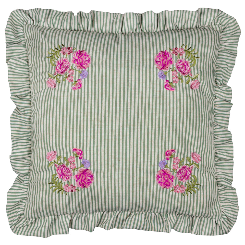 Martha Embroidered Ruffle Cushion Sage