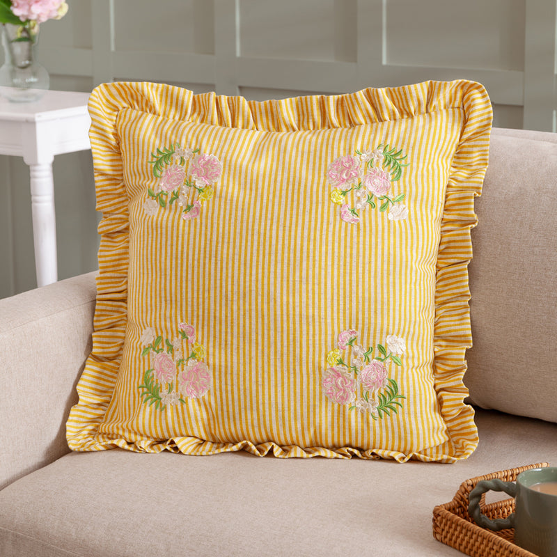 Floral Yellow Cushions - Martha Embroidered Ruffle Cushion Cover Yellow Wylder