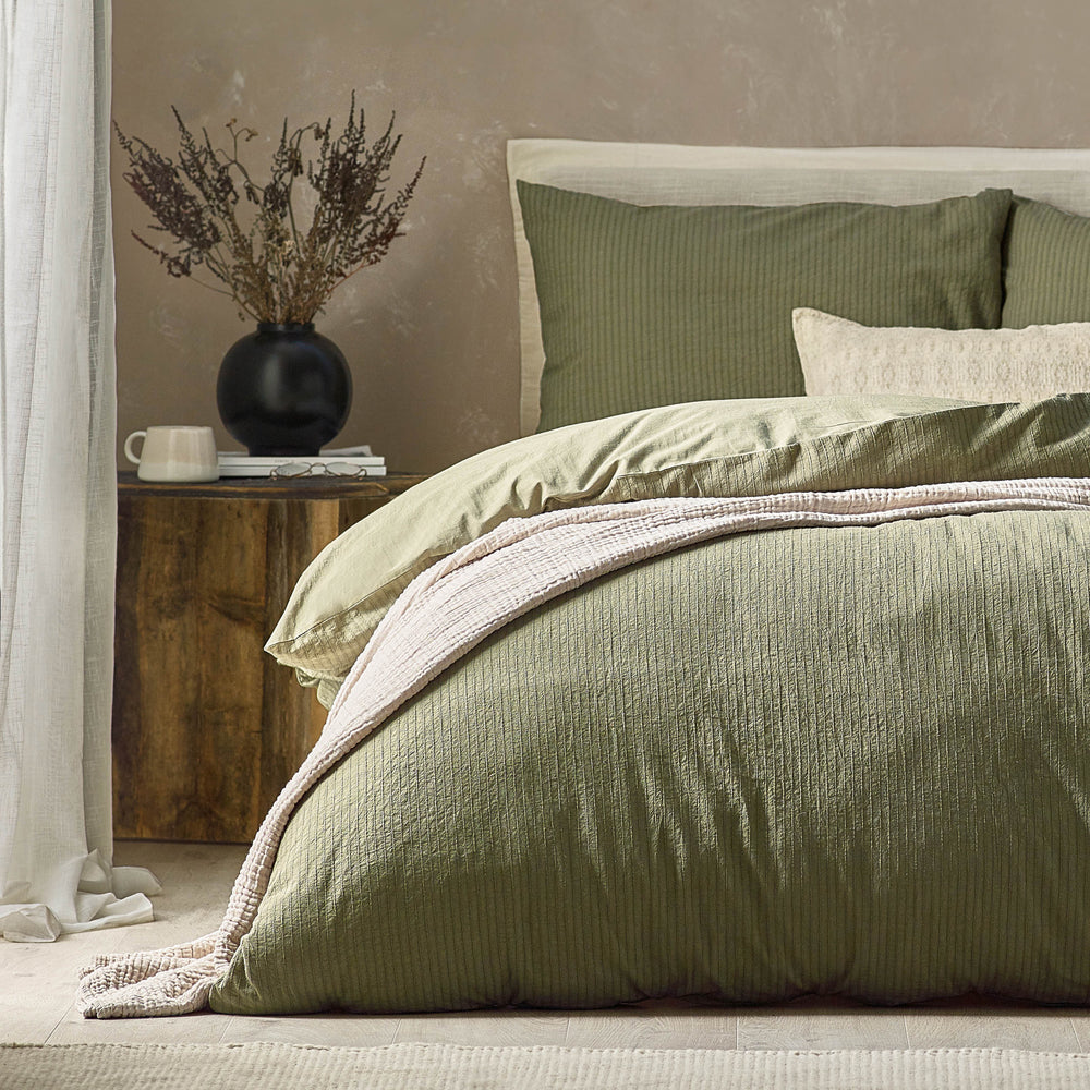 Malton Stripe 100% Cotton Duvet Cover Set Forest Green