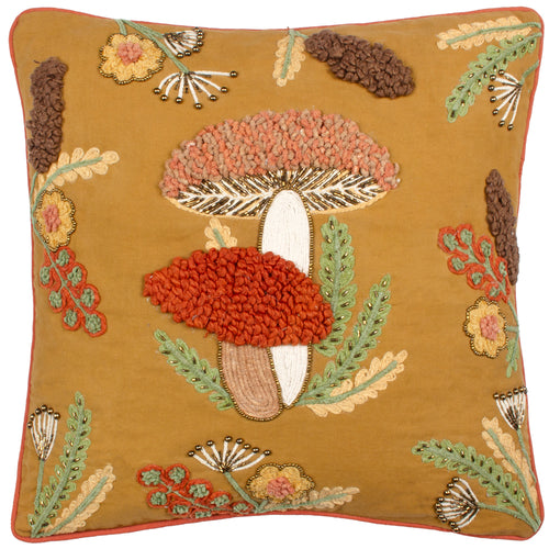 Woodland Gold Cushions - Mushroom Dell Embroidered Cotton Cushion Cover Autumn Gold Wylder