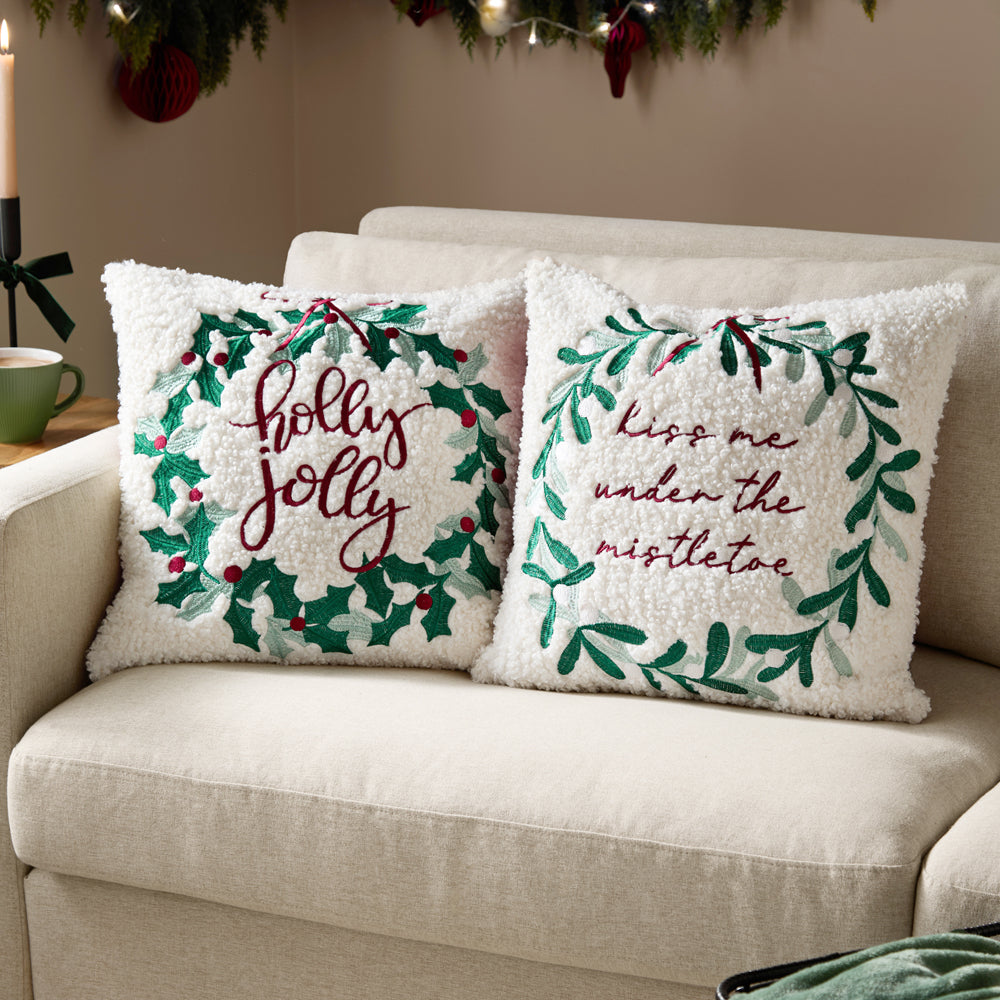 Mistletoe Wreath Embroidered Cushion Multicolour