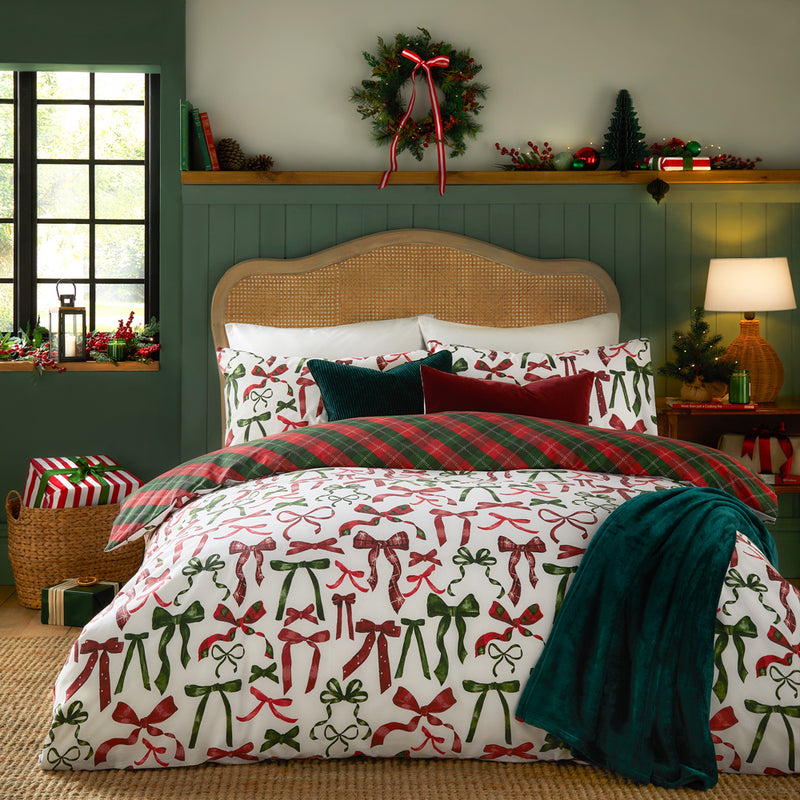 Check Green Bedding  - Nathalie Festive Bows Printed Duvet Cover Set Berry/Pine Furn