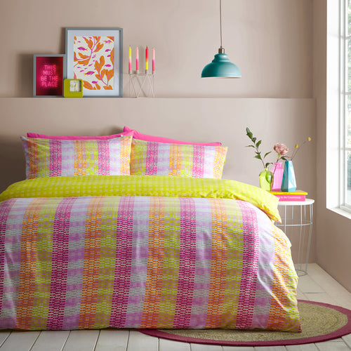 Abstract Pink Bedding - Neola Abstract Neon Striped Duvet Cover Set Fuchsia/Lime furn.