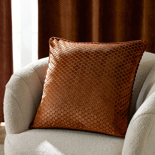 Geometric Orange Cushions - Neptune Velvet Cushion Cover Copper Paoletti