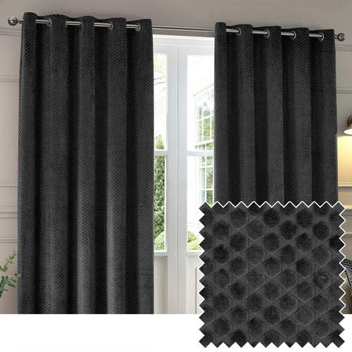 Geometric Black Curtains - Neptune Fully Lined Velvet Eyelet Curtains Charcoal Paoletti