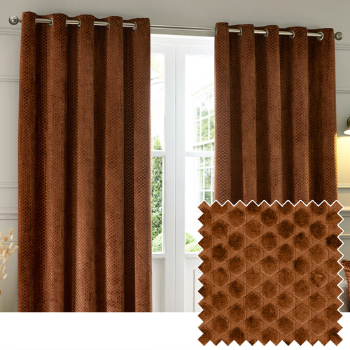 Geometric Orange Curtains - Neptune Fully Lined Velvet Eyelet Curtains Copper Paoletti