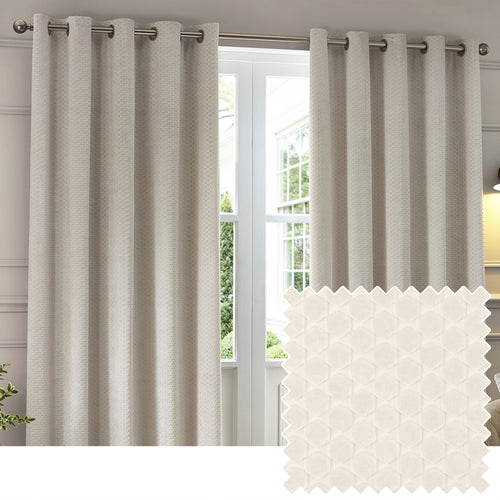 Geometric Cream Curtains - Neptune Fully Lined Velvet Eyelet Curtains Ivory Paoletti